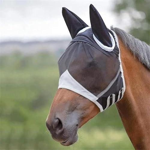 Atmungsaktive Pferdemaske Anti Moskito, Super Comfort Stretchy Fly Mask, Fliegenmaske Pferd UV SchutzLarge Eye Space with UV Protection Soft on Skin with Breathability mit Ohrenschutz(L)