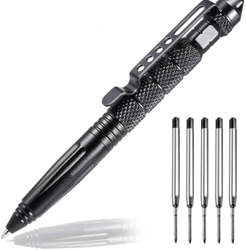 Tactical Pen, Taktischer Kugelschreiber mit 5 Tinten Nachfüllungen, Outdoor Selbstverteidigungs Stift, Wolframstahl Glasbrecher Stift für Schreiben, Emergent Tool und Geschenk - Schwarz
