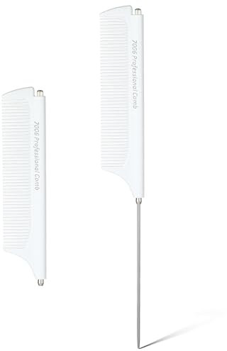 GUTERTOP Styling Kamm mit Stiel, Stielkamm Friseur, Strähnenkammmit 2 Haarklammer für Frauen Zurückkämmen Haarwurzeln Toupieren Antistatischer (Weiß)
