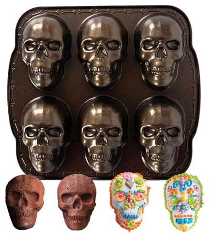 Halloween Skull Baking Mold, 6 Cavities Aluminum Alloy Skull Candy Molds, Metal Skeleton Cake Mold, Skull Chocolate Moulds Halloween Candy Molds for DIYs Cake Decorating Jelly