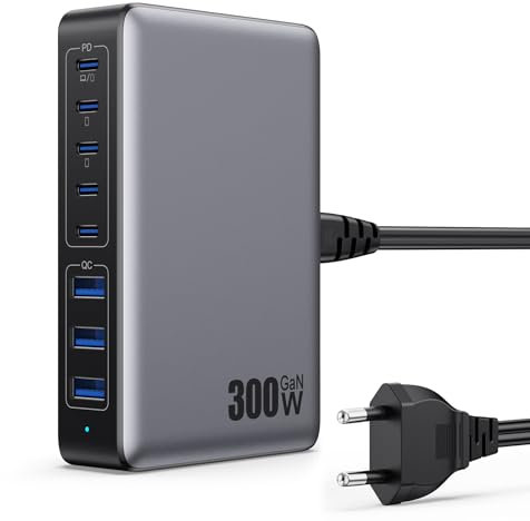 300W Chargeur USB C avec 8 Ports GaN Ⅳ Tech, 100W Chargeur Rapide PD QC PPS Prise USB C Multiple Station de Charge Compatible avec MacBook Pro/Air Laptop, iPhone, iPad Pro, Galaxy, SteamDeck-Noir