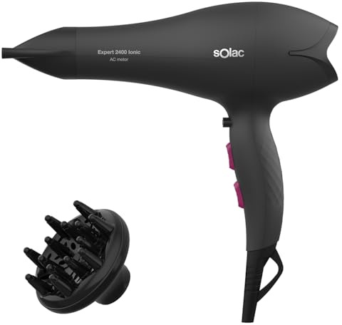 Solac - Secador de Pelo Expert 2400 Ionic | Motor AC Profesional | 2400W | Función iónica | 2 velocidades y 3 temperaturas | Filtro extraíble | Golpe de aire frío | Incluye concentrador y difusor