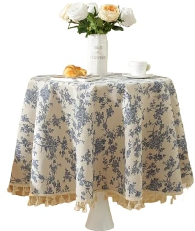 Falda Mesa Camilla Mantel de algodón y lino floral con borla, cubierta redonda para mesa de comedor, mantel de té para fiestas (Tassel Edge, Diameter 90cm)