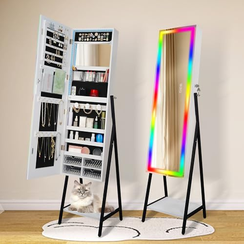 STARLEAD LED-Mirror-Jewelry-Cabinet-Organizer-Armoire-Standing, Full Length with RGB Lights Color Changing, Dimmable Brightness, Memory Function, Lockable, Velvet Lining, Large Storage