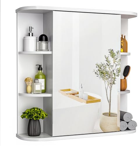 Pamapic Bathroom Mirror Cabinet, Bathroom Cabinet with Large HD Mirror, Wall Mounted Storage Cupboard with Adjustable Shelves, Storage Unit for Living Room, Bedroom, White,68 x 60 cm