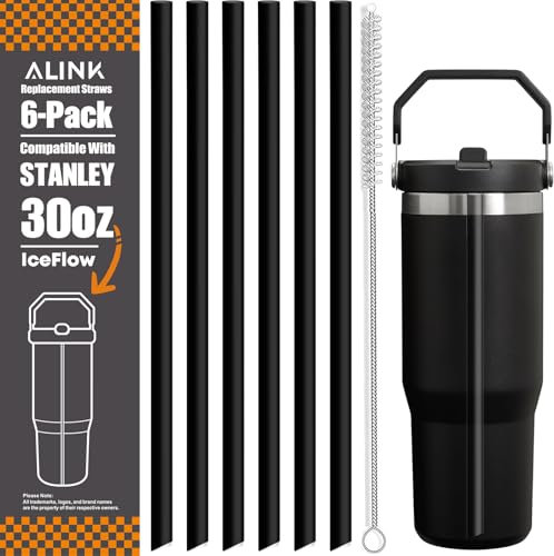 ALINK Replacement Straws for Stanley Iceflow 30oz Flip Tumbler, 6 Pack Reusable Black Plastic Straws Compatible with 30oz Stanley IceFlow Cup with Cleaning Brush, Angled Design, Dishwasher Safe