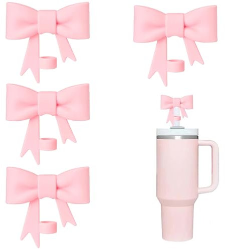 4 Pcs Pink Bow Straw Covers Cap Toppers for Stanley Cup, 8-10 mm Straw Tips Lids Reusable Silicone Straw Toppers for Stanley Cups Straw Accessories, Cute Dust-Proof Reusable(Pink)