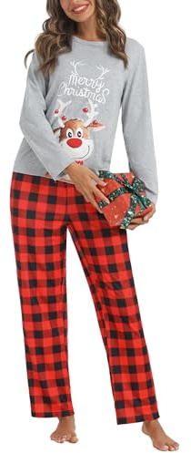 iClosam Pyjama Femme Long Coton Deux Pièces avec Pantalon à Carreaux | Pyjama Femme Hiver, Coton Doux, Respirabilité Naturelle, Haut Uni, Bas à Carreaux, Nuits Fraîches, Maison Et Repos