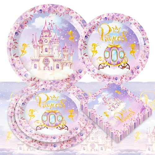 LaVenty décoration anniversaire princesse vaisselle jetable pour fête d enfant incluant assiettes en carton tasses serviettes thème princesse