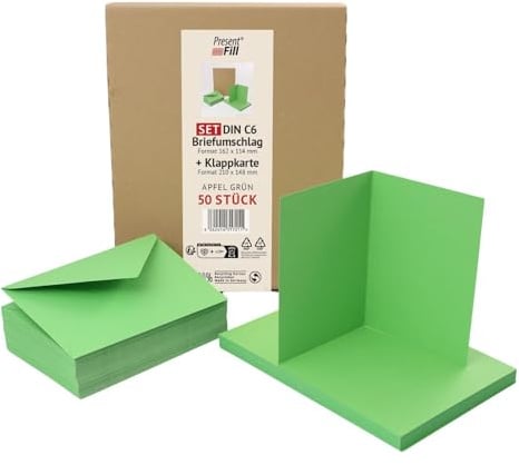 PresentFill 50er Set blanko Falt-Karten inkl. Briefumschläge ohne Fenster Apfel Grün I Klappkarten DIN A6 I Umschläge C6 I Made in Germany I 100% Recycling Kraftpapier I Blauer Engel zertifiziert