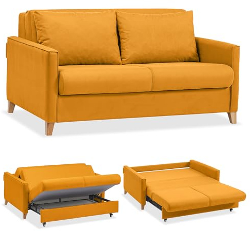 EVERGREENWEB Schlafsofa mit Bettkasten, Umwandelbar 2-Sitzer Couch mit Ausziehbarer Chaise Longue, Schlaffunktion, Gelb Stoff, Abnehmbare Doppelkissen-Rückenlehne, Faltbare Verstärkte Struktur, CALION