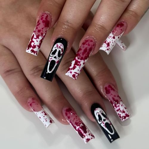 Ceboic 24Pcs Halloween Press on Nails Long Coffin, French White Tip False Nails with Horror Blood Drop Skull Designs, Acrylic Full Cover Fake Glue on Nail, Removable Stick on Nails for Women Girls