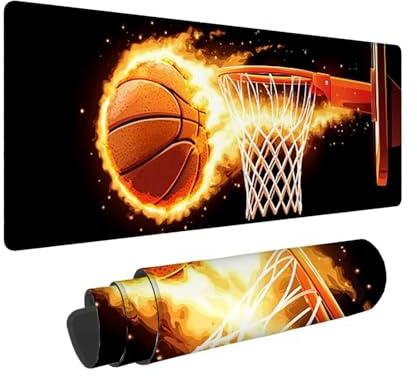 Mauspad, 80 x 30 cm Gaming Mousepad mit Genähten Kanten, Flammen Basketball Mouse Pad Verlängertes Großes Mousepad XXL, mit rutschfeste Gummibasis Schreibtisch Zubehör, Geschenke für Männer L-419