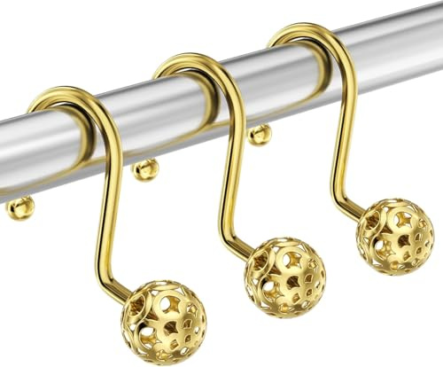 12 Pcs Hooks Metal Shower Curtain Rings Decorative Hollow Ball Design Shower Hooks Elegant Curtain Hook Hanger Bath Curtain Hanger for Bathroom Home
