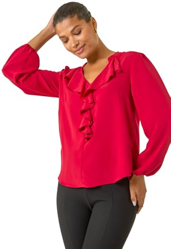 Roman Originals Ruffle Front V-Neck Satin Blouse for Women UK - Ladies Everyday Autumn Winter V-Neckline Comfy Soft Evening Vacation Work Party Night Out - Plain Red - Size 20