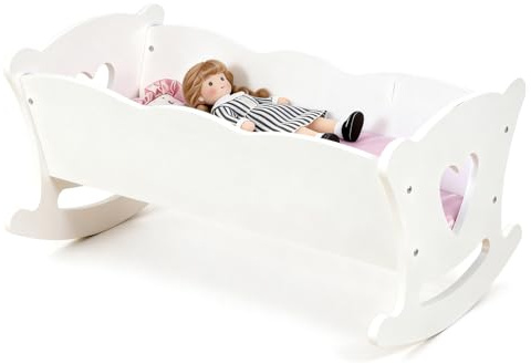 DUDUPIE Wooden Baby Doll Cradle Bed Set with Bedding, Rocking Doll Crib for 18 inch Dolls, Dolls Furniture Cot, Realistic Pretend Play Toy Gift for Girls Boys Kids Ages 3+ (White)