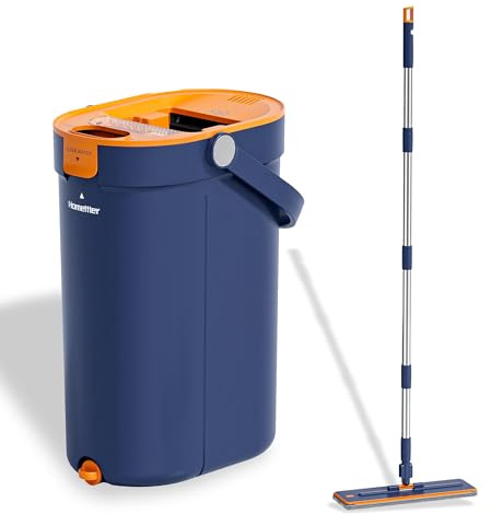 KINBOS Flat Mop and Bucket Set with Wringer | Self-Wringing Dirty Water Separation | 360° Rotating Microfibre Head | Floor Mop for Tile, Wood, Laminate & Vinyl