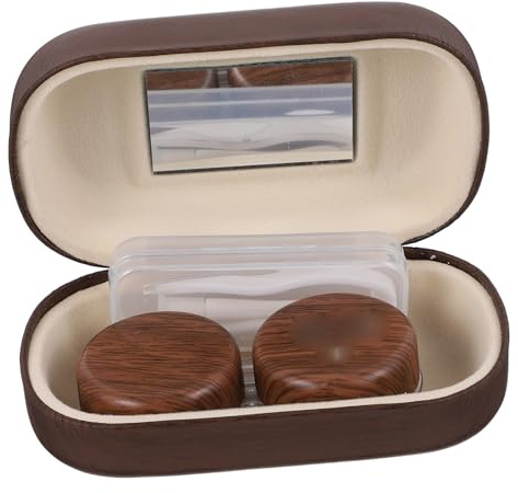 Artibetter Portable Eye Lens Case Set with Clip Suction Stick and Mirror | Brown Finish, Leak Proof Sealing, Plastic Body with Leather Lining, Easy to Carry for Daily Use