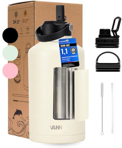 VANN Trinkflasche 2L mit Strohhalm - 3fach isoliert [24h kalt 12h warm] | Thermosflasche für Fitnessstudio, Sport - Trinkflasche Edelstahl [BPA-Frei] - Wasserflasche inkl.5 Zubehörteile - UB Beige