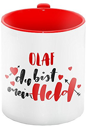 Tasse mit Namen und Lettering-Text - Olaf du bist mein Held - für Verliebte zum Valentinstag | Liebes-Tasse für Paare