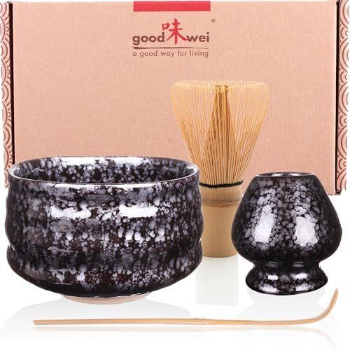 Goodwei Matcha Kit | Bol Matcha Artisanal Chawan, Cuillère e Fouet à Matcha avec Support de Fouet en Céramique au design assorti | Service à Thé Japonais (Tetsu, 120)