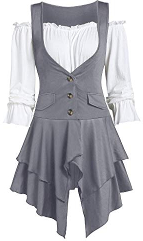 Lazzboy Frauen Plus Größen Mantel Blusen Knopf Zweiteilige Satz Taschen überlagerte Behälter Lange Hülse Steampunk Corsage Kostüm Piratenbluse Karneval Fasching Halloween(Grau,5XL)
