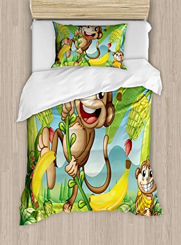 ABAKUHAUS Kindergarten Bettbezugs Set für Einzelbetten, 2 Affen und Bananen, Milbensicher Allergiker geeignet mit Kissenbezug, 130 x 200 cm, Mehrfarbig Braun