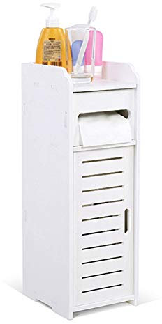 Free Standing Slim Bathroom Storage Unit - White Wood-plastic Board Cabinet with Toilet Roll Holder