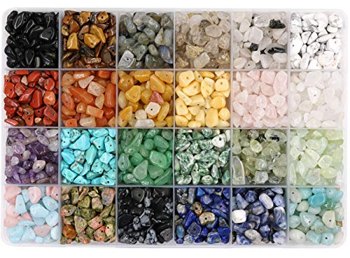 Potosala 24 Farben Naturedelstein Chip Perlen Unregelmäßig zerkleinerte Kristallstücke 5-7mm Steinperle 1440 Stück gebohrte Perlen für Balance Schmuck Schmuck Lebenbaum