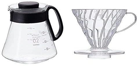HARIO CD-V60-02 CD Cafetière Range Server V60-02 Microwave-600ml, Glass, 600 milliliters, Black & Hario V60 Plastic V-Shaped Cone Coffee Dripper with Heat Retention, Transparent, 2