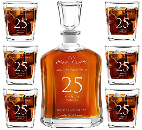 Maverton Ensemble de Carafe en Verre Personnalisé a Whisky Rhum Cognac Avec 6 Verres a Whisky Gravés Cadeau Personnalisé Couple - 700 ml Service Universel Verre a Whisky et Carafe - Anniversaire