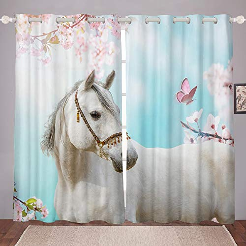 Loussiesd Pferd Drucken Blickdichte Vorhänge Wild Tier Themed Vorhänge Schmetterling Blumendruck Fenstervorhang 175x140cm für Kinder Jungen Mädchen Mikrofaser Natur Themed Raumdekoration