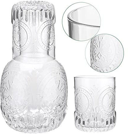 RXMORI 1 jarra 2 tazas jarra de agua para mesita de noche, decantador de enjuague bucal de vidrio grueso, jarra de vidrio vintage con jarra de vidrio, juego de cristalería