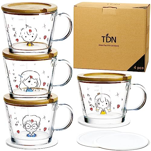 TDN Latte Macchiato Gläser mit Bambus Deckel, 4er Set Teegläser mit Henkel, Wassergläser Süße Tasse, Eiskaffee Gläser für Kaffee, Wasser, Eistee, Wassergläser Spülmaschinenfest und Mikrowellen, 400ML