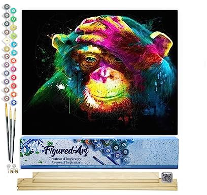 Figured'Art Peinture par Numéro Adulte Singe coloré - Activité Manuelle Kit de Loisir Créatif DIY Numéro d'Art Complet - 40x50cm avec châssis en bois à monter