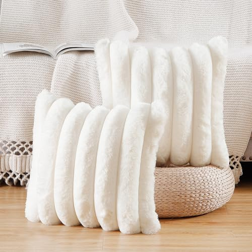 Madizz 2er Set Plüsch Samt Dekorative Kissenbezüge Flauschig Gestreifte Weich Kissenbezug für Sofa Schlafzimmer Kissen Shell Creme Weiß 55 x 55 cm Quadrat