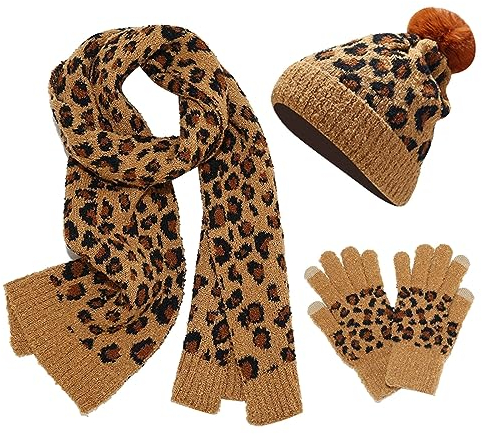 Mütze für Damen, Winter, Wolle, beheizbar, Strickmütze, Schal mit Touchscreen-Handschuhen, Handschuhe für draußen und Alltag, geeignet für Herren und Damen, braun, One size
