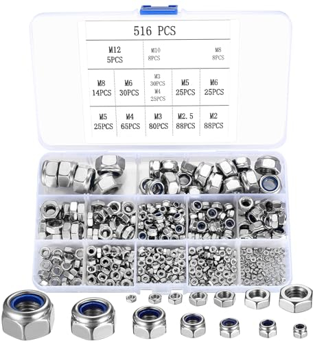 Dadi esagonali, assortimento di 516 dadi autobloccanti, in acciaio inox, dadi esagonali, dadi di bloccaggio, dadi a vite, dadi a morsetto M2 M2.5 M3 M4 M5 M6 M8 M10 M12