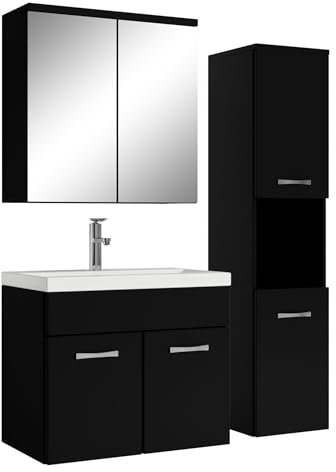 Badplaats Badmöbel Komplettset Montreal 60 x 35 cm Schwarz Matt - Badezimmermöbel mit Waschbecken, Spiegelschrank und Badezimmerschrank