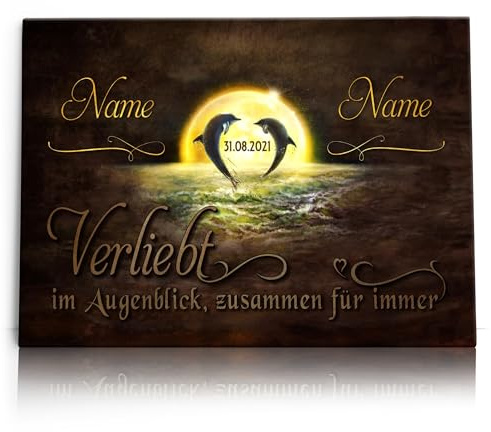 Liebesleinwand Personalisiertes Leinwandbild gestalten | Verspielte Delfine | Geschenk zum Jahrestag, Hochzeitstag, Verlobung, Hochzeit | Leinwandbild gestalten mit Namen und Datum