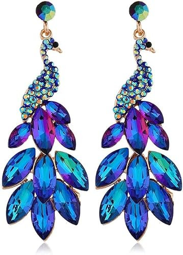 BSLVWG Vintage Pfau Dangle Ohrringe für Frauen Mädchen Boho 14K Gold überzogene grüne Kristallfeder Pfau Aussage Drop Dangling Stud Ohrring Übertrieben Geburtstag Urlaub Schmuck Geschenke (Blau)