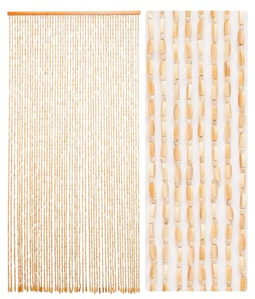 Ezcasch 52 Stränge 89,9 x 200,7 cm Bambus- und Holzperlenvorhang für Tür, handgefertigt, natürliche Türperlen, Bohemian-Bambus und Holz, Raumteiler zum Aufhängen, Boho-Perlenvorhang, Beige