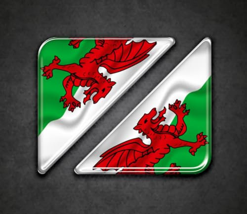 2 x 55mm Waving Wales Flag Corner Number Plate Stickers - HIGH GLOSS DOMED GEL