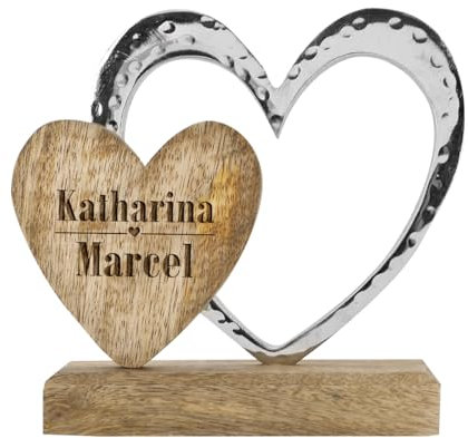 Herz & Heim® Herz Skulptur mit Gravur zur Hochzeit aus Holz/Metall (2 Namen mit Herz, 21 cm x 21 cm x 6 cm (B/H/T))