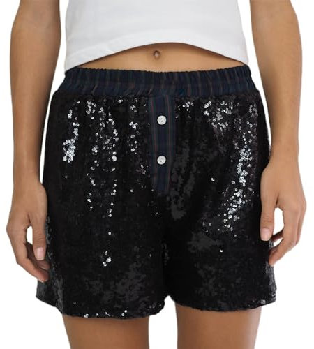 Achlibe Damen-Shorts, Pailletten-Shorts, elastische Taille, glänzend, Sommer, Freizeit, Streetwear, Club, Glitzer, Party, Hotpants, Schwarz , L