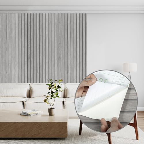 Abyssaly Wood Effect Peel and Stick Wallpaper, Grey Vinyl Wrap Self Adhesive Removable Panel Wallpaper, Wood Slats Sticky Back Plastic for Furniture Walls, Kitchen, DIY 90cmX600cm