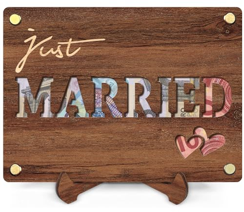Just Married Geldgeschenk Hochzeit - Geschenk Hochzeitsgeschenke aus Holz inkl. Ständer - Liebe Geld für Brautpaar Liebhaber Geldgeschenk Verpackung mit Hochzeitskarte