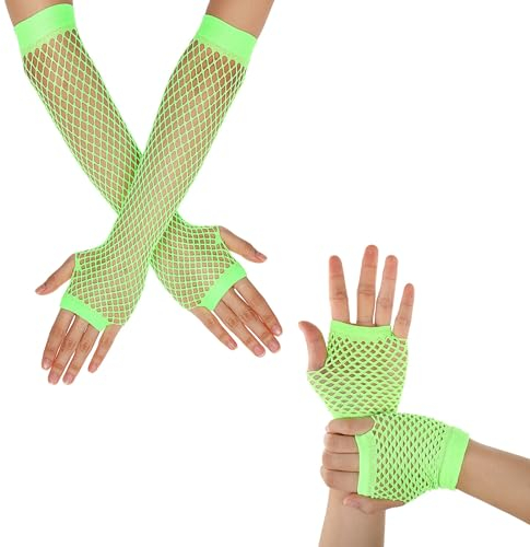 Lusofie 2 Paar Netzhandschuhe für Damen Netz-Handstulpen lang Damen Fingerlose Netzhandschuhe Damen Handschuhe 80/90 er Retro Party Disco Maskerade Kostüm Zubehör (lang + kurz)(Leuchtendes Grün)