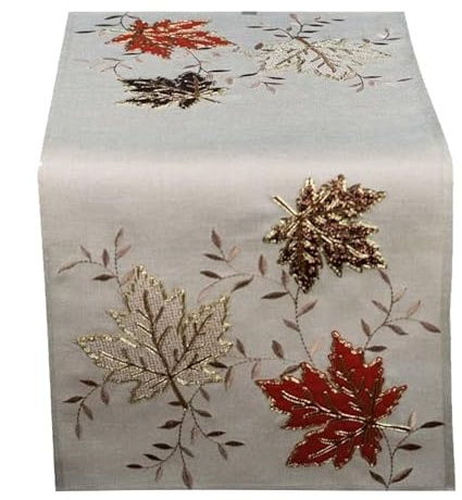 Tischdecke Mitteldecke Tischläufer Tischband Kissenhülle Herbst beige Gold Stickerei / Applikation Blätter (40 x 90 cm)