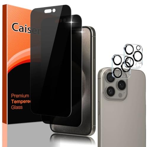 Caisemo 2+2 Pack Privacy Tempered Glass Screen Protector for iPhone 15 Pro 6.1'' (Not for iPhone 15, 15 Plus, 15 Pro Max) with Camera Lens Protector,9H Hardness, Anti Scartch